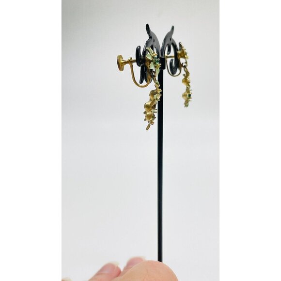 CHARM Floral Dangle Earrings Screw Back Gold Tone Rhinestones Simulated Pearl - Picture 11 of 11